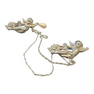 Vintage Silver Cherub Double Brooch with Chain – Angel Pin Sweater Clip J19